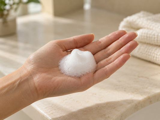 Illustrative styling foam in an open palm