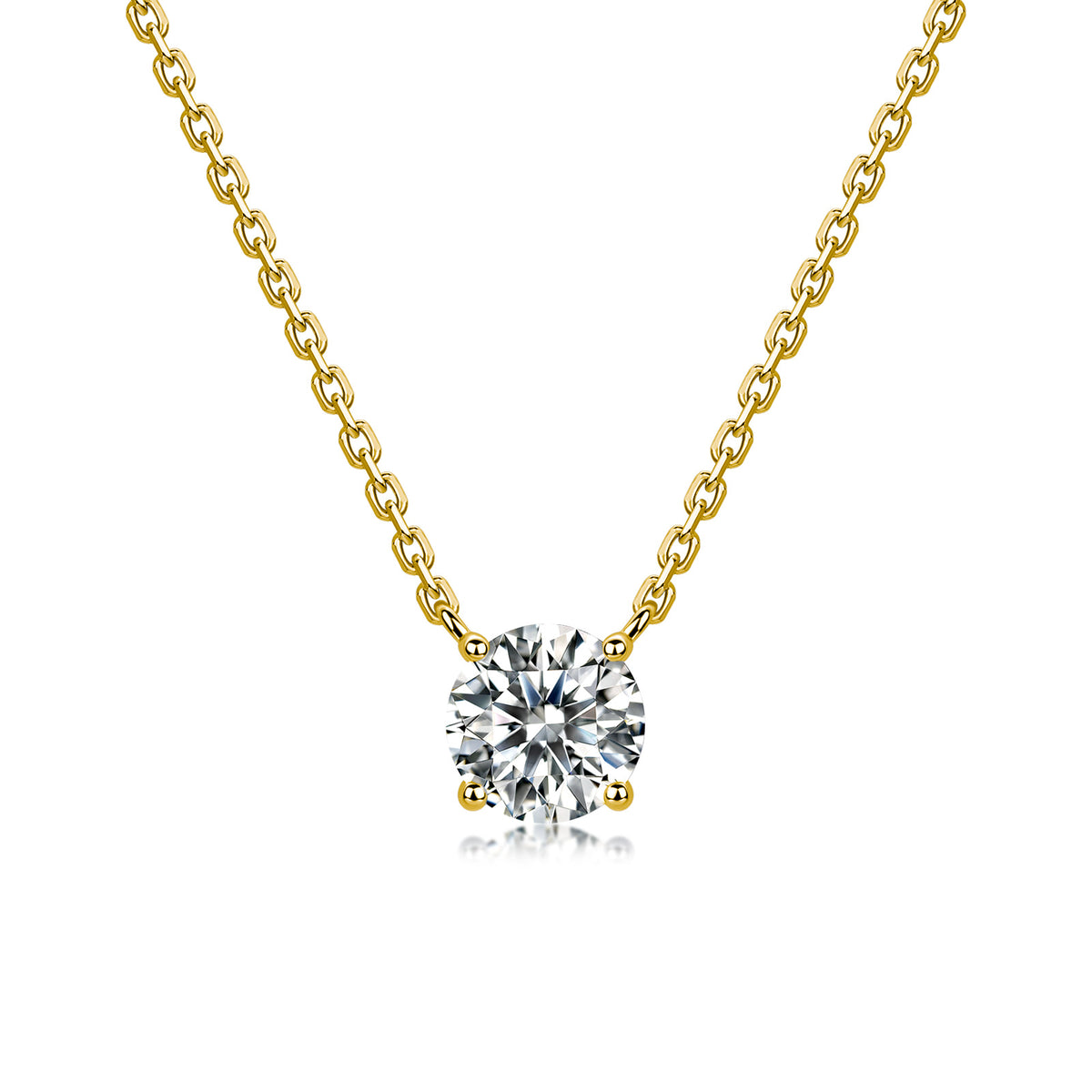 Round solitaire moissanite pendant on a gold-tone chain, four-prong setting