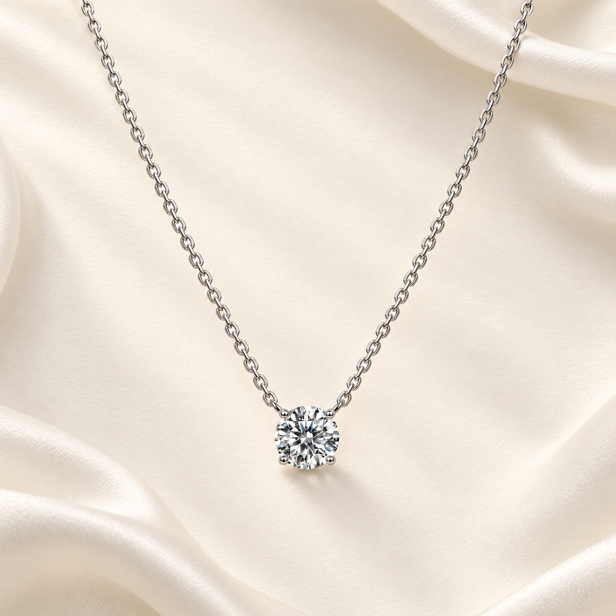 Silver solitaire moissanite necklace arranged on softly folded ivory satin