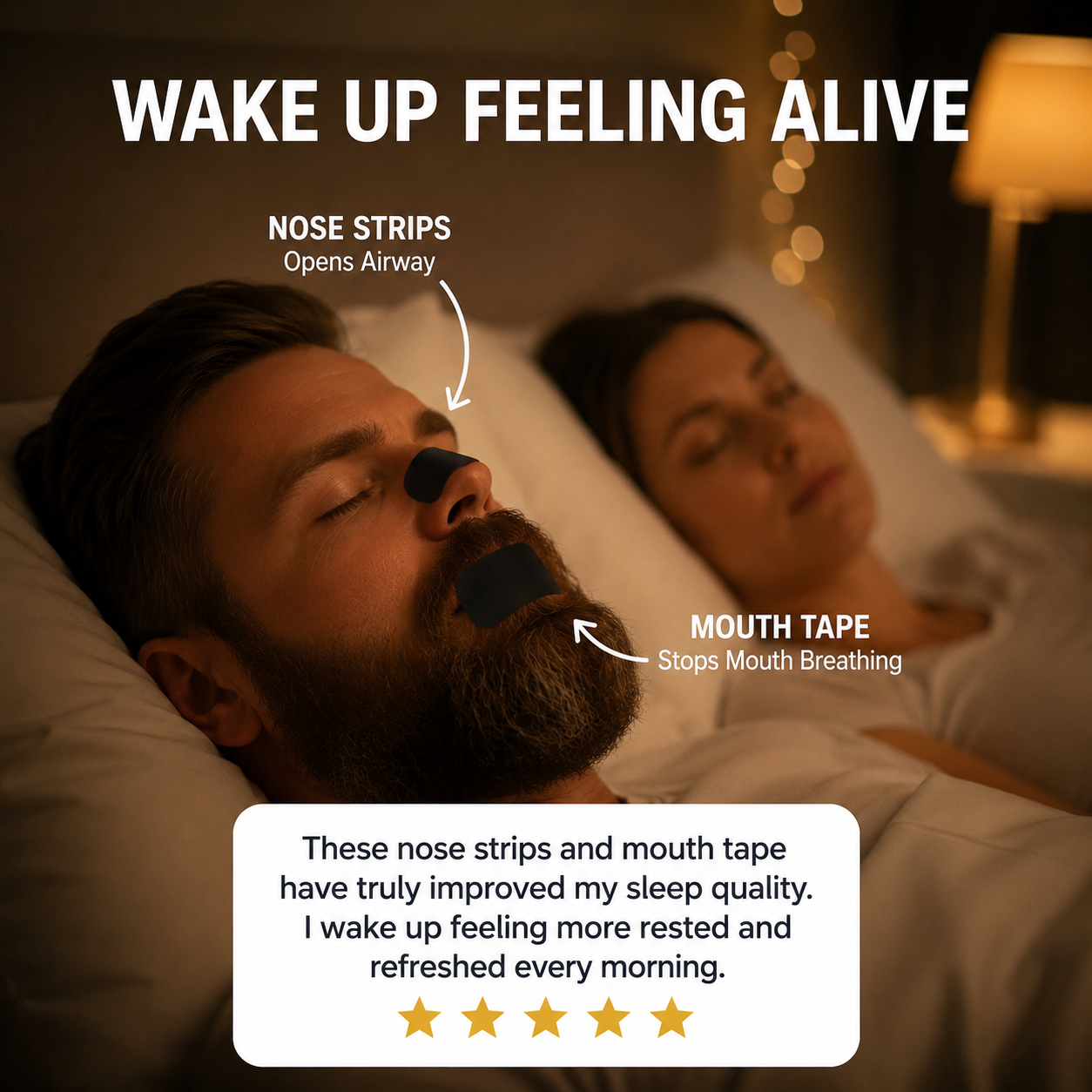 Two people lying in bed with sleep aid products on, text about improved sleep quality.