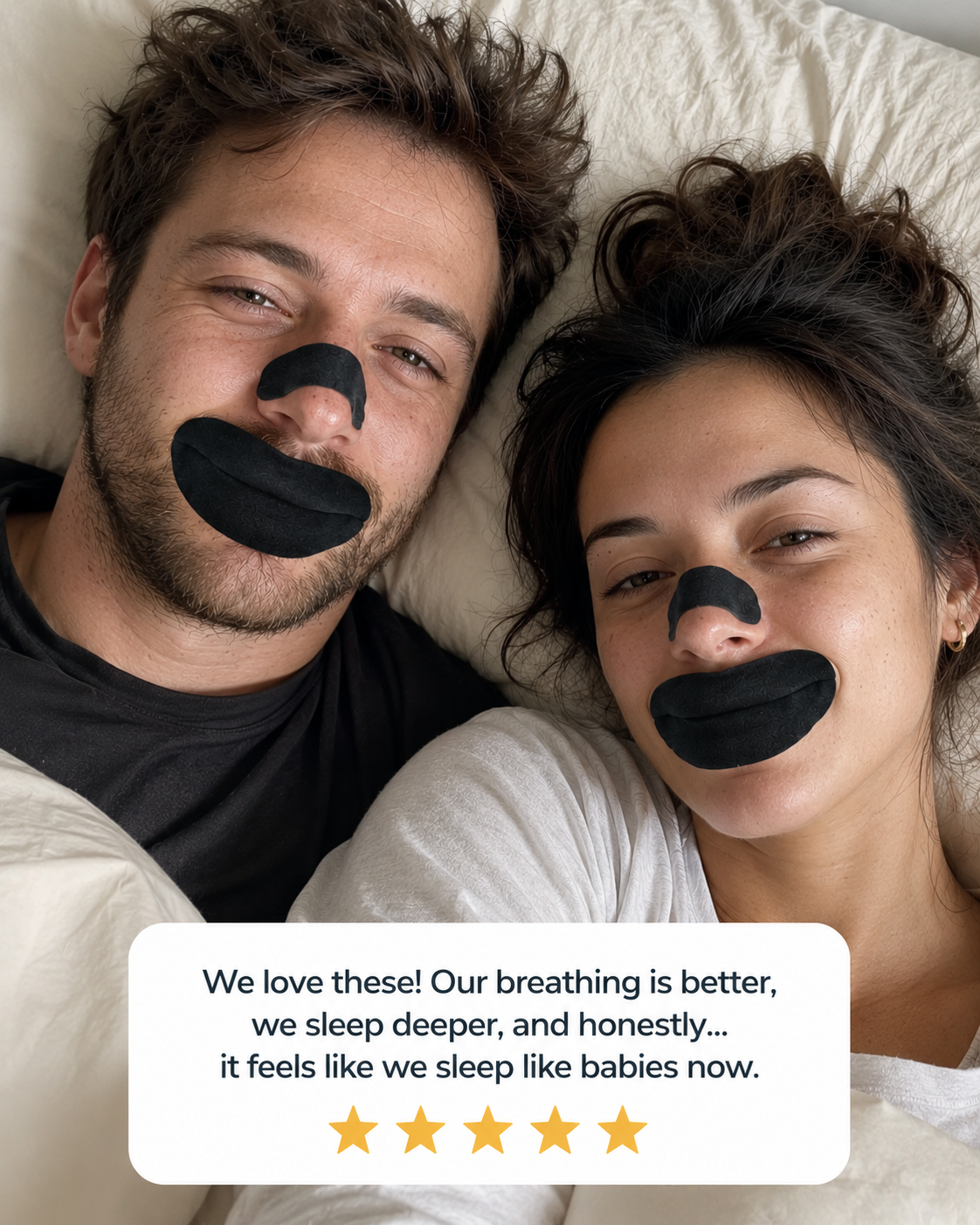 Man and woman lying in bed with black nose masks on, text indicating improved sleep quality.