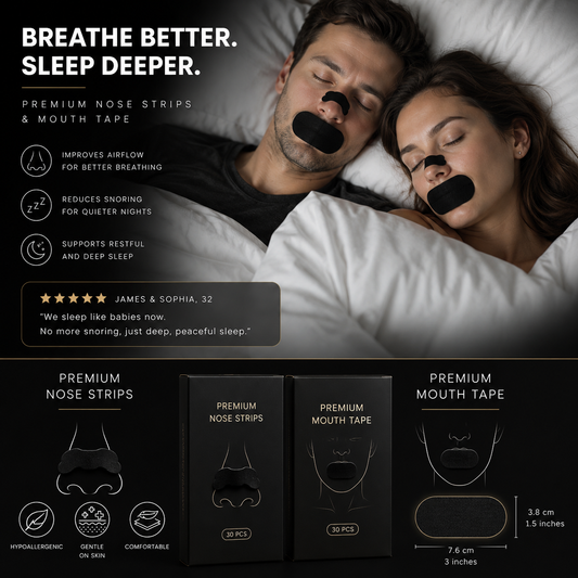 Couple using nose strips and mouth tape for better sleep, with product packaging and features displayed.