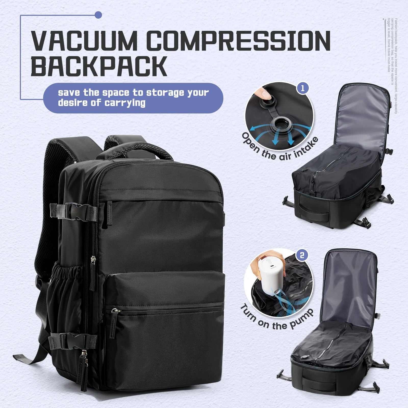 Vacuum Compression 15.6″ Laptop Backpack – 20–35L Expandable Travel & Hiking Bag with Built - on Valve & Pump - Ready Design, Cabin - Approved 40×20×25 cm Unisex Daypack - Vynori