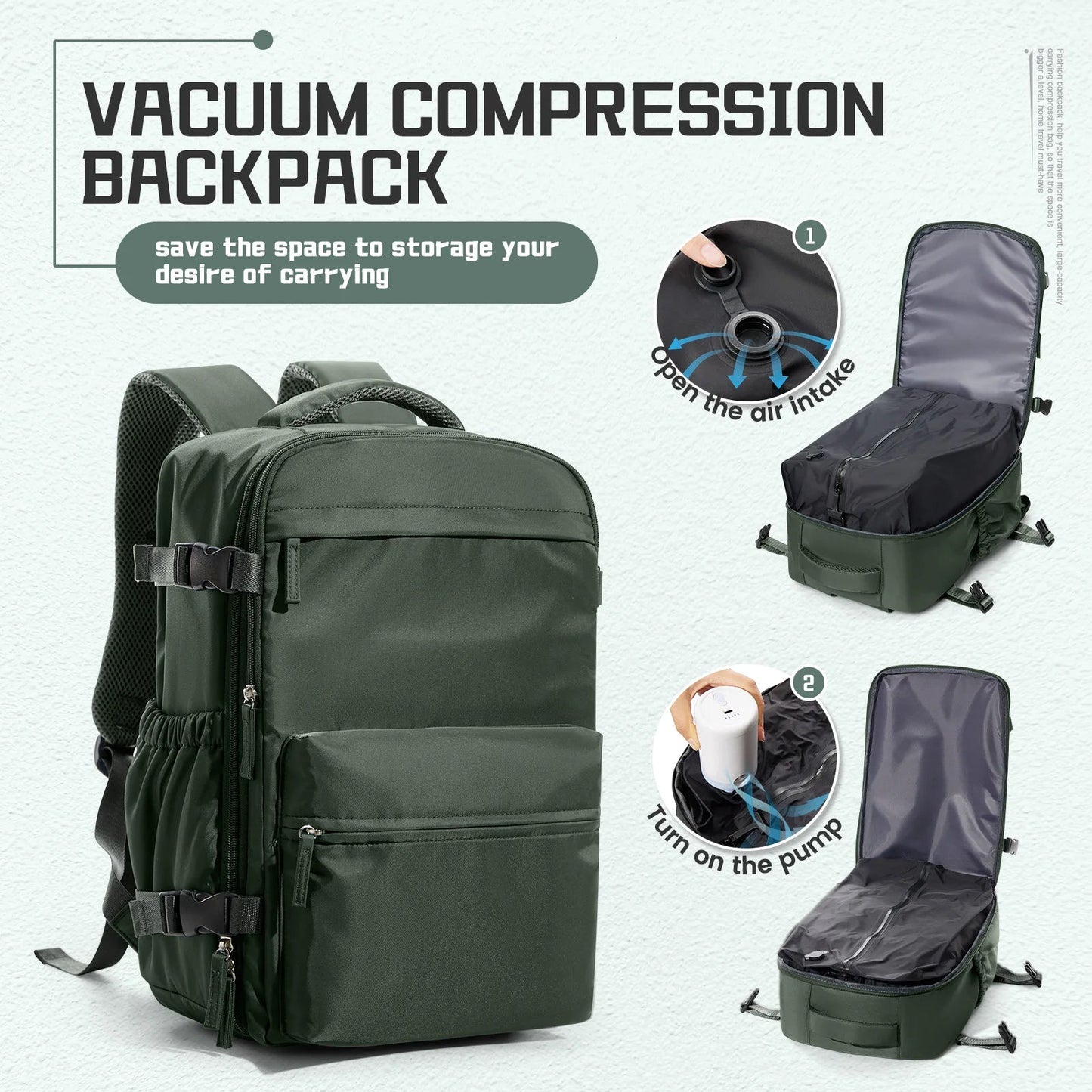 Vacuum Compression 15.6″ Laptop Backpack – 20–35L Expandable Travel & Hiking Bag with Built - on Valve & Pump - Ready Design, Cabin - Approved 40×20×25 cm Unisex Daypack - Vynori