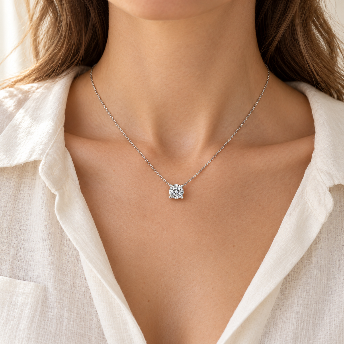 Silver solitaire moissanite necklace worn with an ivory linen blouse